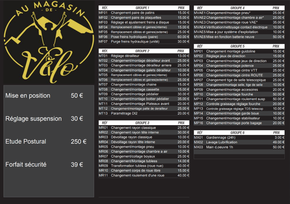 Au Magasin de Vélo | Tarifs Atelier 